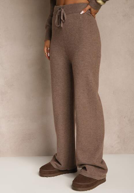 Brązowy Komplet Dzianinowy z Wełną i Bawełną Sweter Golf i Szerokie Spodnie  Reipella