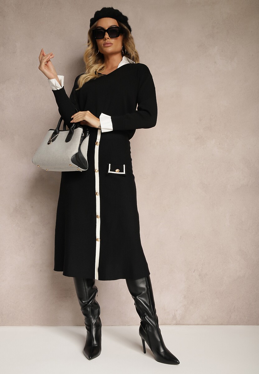 Czarna Spódnica High Waist z Guzikami Imitacją Kieszeni i Gumką w Pasie Melorana