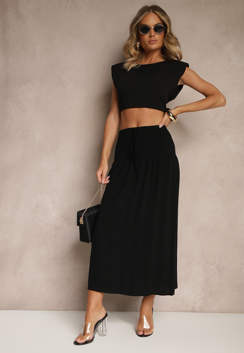 Czarna Spódnica z Wiskozą i Lnem High Waist o Rozkloszowanym Kroju Lumerellea