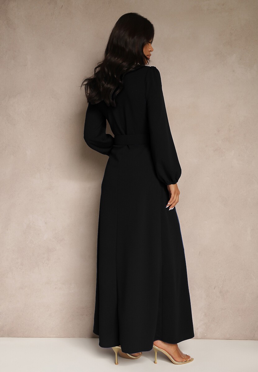 Czarna Koktajlowa Sukienka o Rozkloszowanym Kroju z Ozdobnym Paskiem Feliera