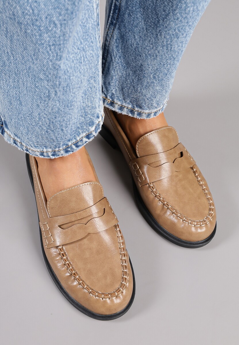 Ciemnobeżowe Mokasyny Vices z Marszczeniem i Wkładką ze Skóry Naturalnej Mestia