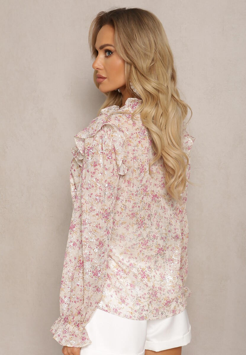 Jasnobeżowa Koszula w Kwiaty ze Stójką Falbankami i Połyskującym Zdobieniem Blemia