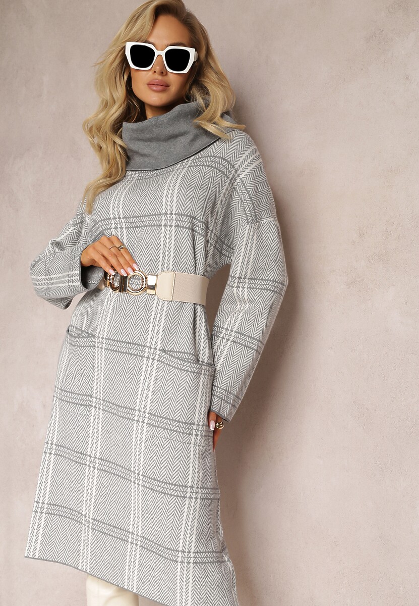 Szara Sweterkowa Sukienka Oversize z Szerokim Golfem Arnca
