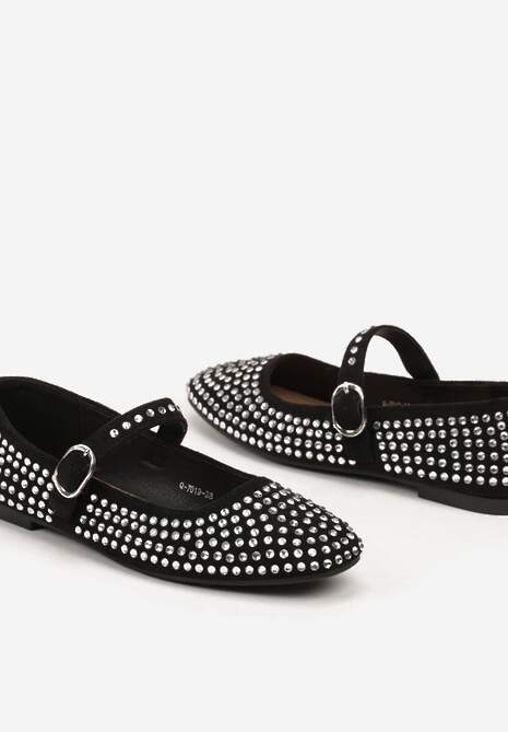 Czarne Balerinki na Płaskiej Podeszwie Mary Jane Ozdobione Cyrkoniami Vilabria