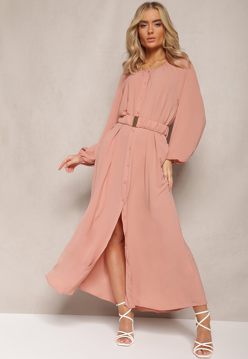 Ciemnoróżowa Sukienka Maxi o Swobodnym Kroju z Guzikami i Paskiem z Metaliczną Klamrą Ferian