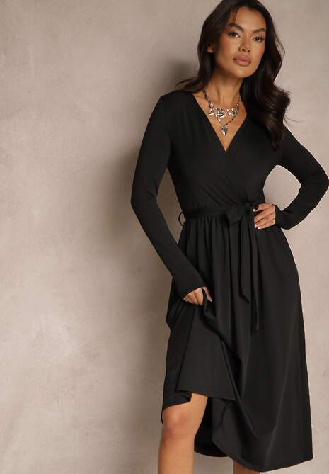 Czarna Taliowana Sukienka z Paskiem z Domieszką Wiskozy Hrestalia