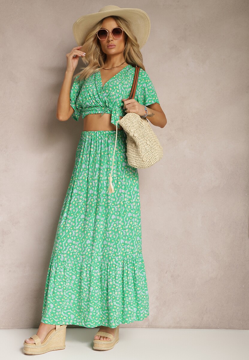 Zielony Letni Komplet z Wiskozy Długa Spódnica i Top Kopertowy z Wiązaniem Ajarde