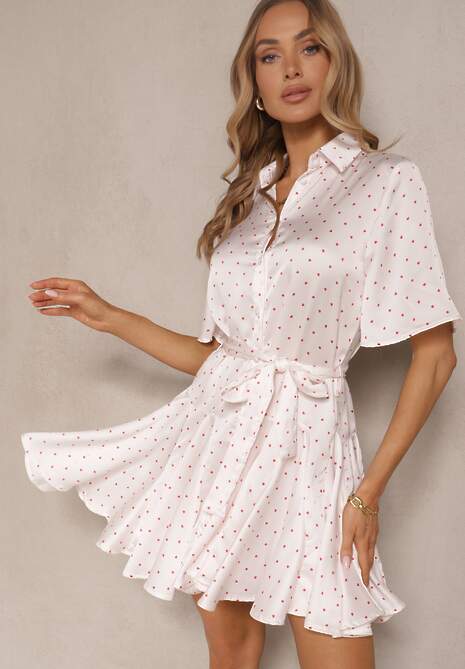 Biała Satynowa Sukienka w Kropki o Koszulowym Kroju z Paskiem Ribelia