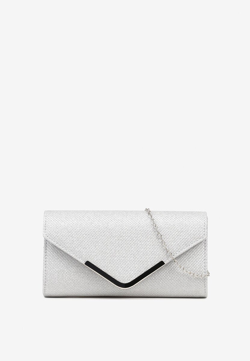 Srebrna Torebka Kopertówka z Łańcuszkiem Zdobiona Brokatem i Aplikacją Pasanna