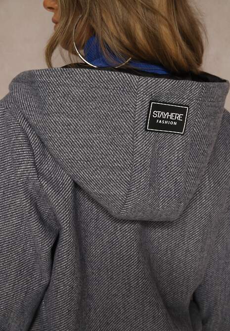 Szara Kurtka z Kapturem Ściągaczem w Pasie i Warstwowymi Rękawami Tulamea