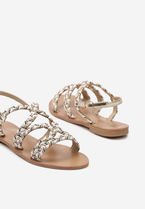 Złote Sandały na Płaskiej Podeszwie Ozdobione Paskami z Plecionki Jaslila