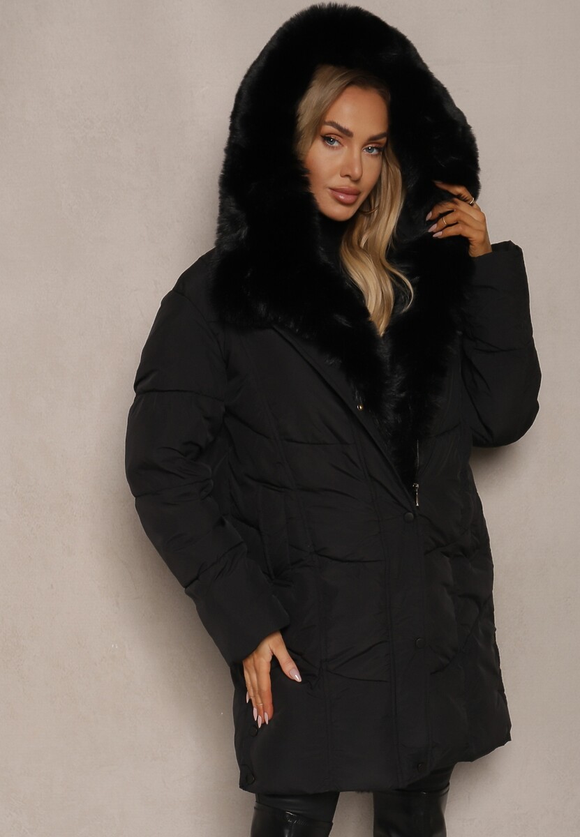 Czarna Pikowana Kurtka Zimowa z Kapturem i Ozdobnym Futerkiem Mesitana