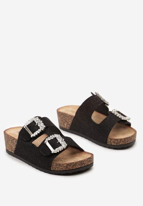 Czarne Klapki na Grubej Korkowej Podeszwie z Cyrkoniami i Metalicznymi Sprzączkami Elilahia