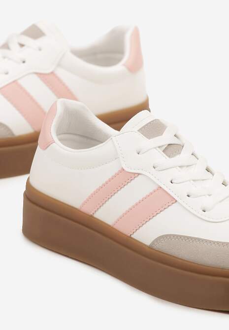 Biało-Różowe Sneakersy na Kauczukowej Podeszwie Ozdobione Paskami Nilimea