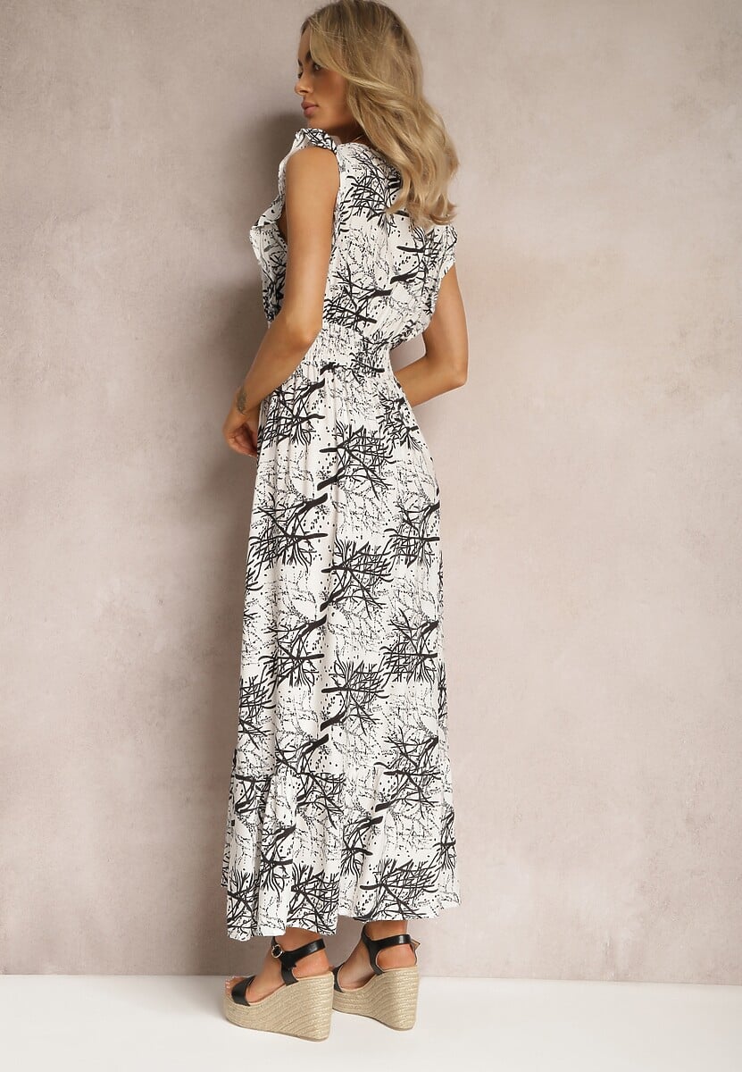 Biała Rozkloszowana Sukienka z Wiskozy Maxi z Kopertowym Dekoltem Luksia