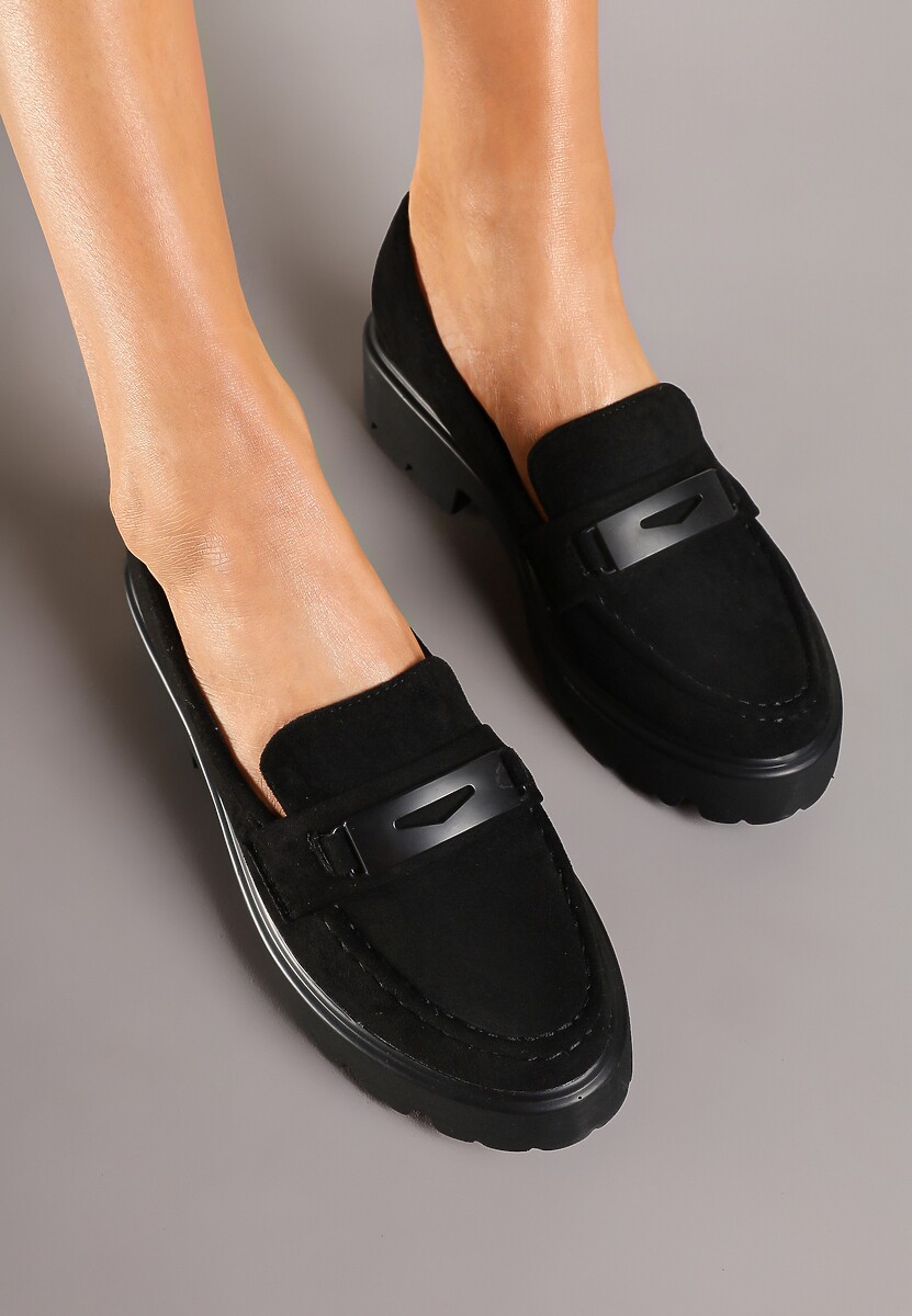 Czarne Mokasyny na Grubej Podeszwie z Cholewką z Przeszyciami Hamaira