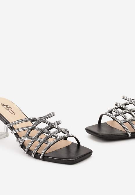 Czarne Eleganckie Klapki na Transparentnym Słupku Ozdobione Cyrkoniami Gasaria