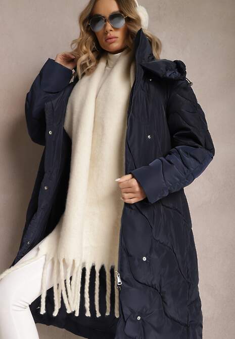 Granatowa Pikowana Kurtka Płaszcz za Kolano z Kapturem Kelotta