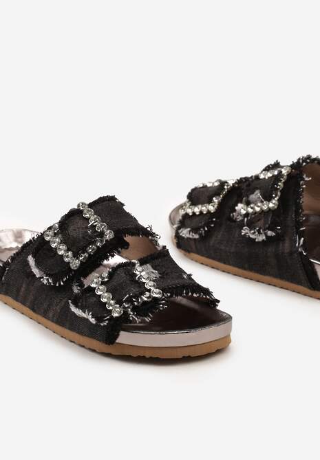 Czarne Płaskie Klapki Ozdobione Cyrkoniami i Klamrami Tesabelle