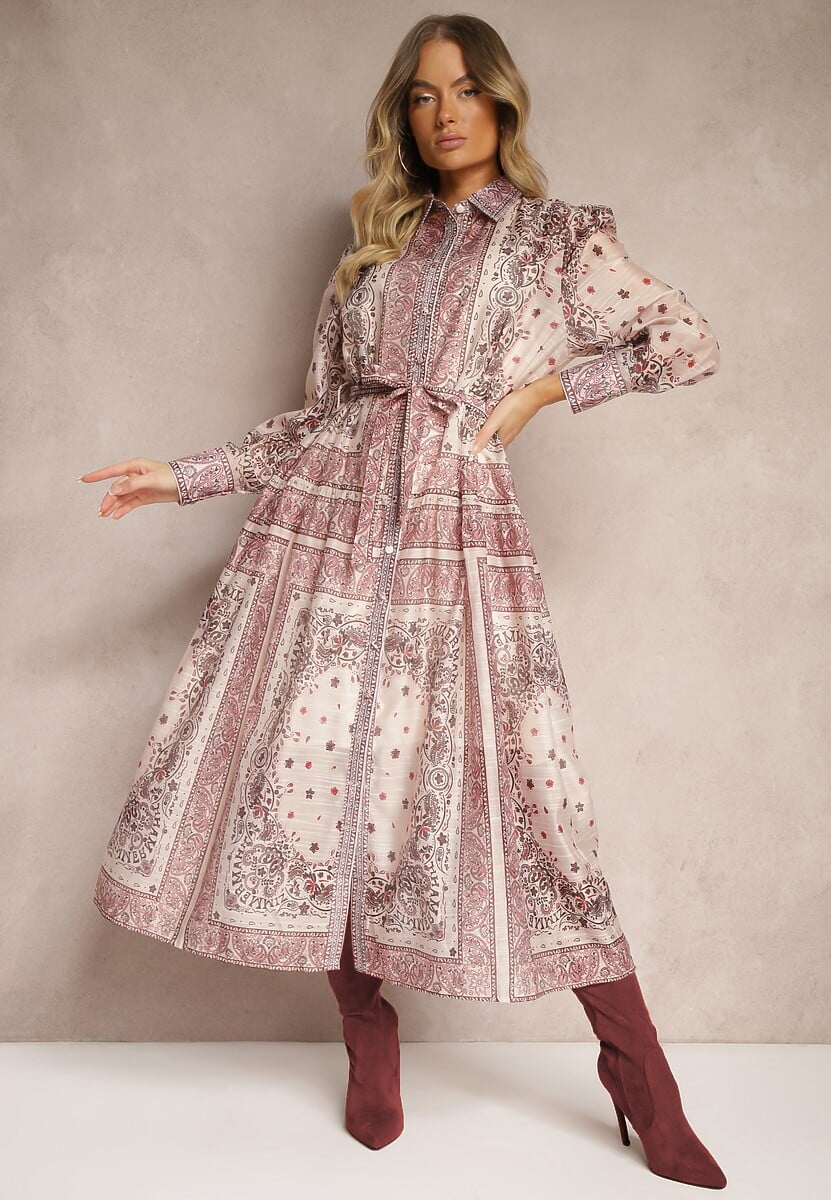 Beżowa Sukienka o Rozkloszowanym Kroju Koszulowym z Bawełną i Paskiem Merichelle