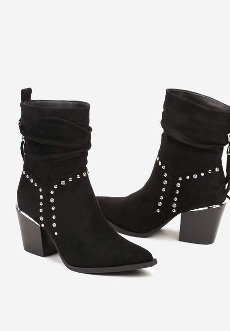 Czarne Botki Kowbojki na Stożku Ozdobione Cyrkoniami i Frędzlami w Stylu Boho Lerilani