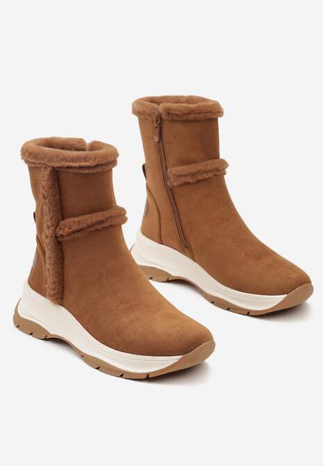 Brązowe Botki na Platformie z Tłoczeniem Ozdobione Futerkiem Lemivra
