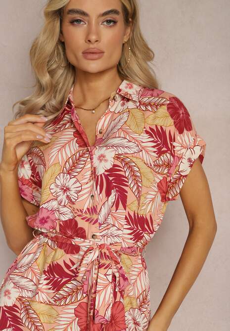Różowo-Czerwona Sukienka Koszulowa z Materiałowym Paskiem w Kwiaty Kumelia