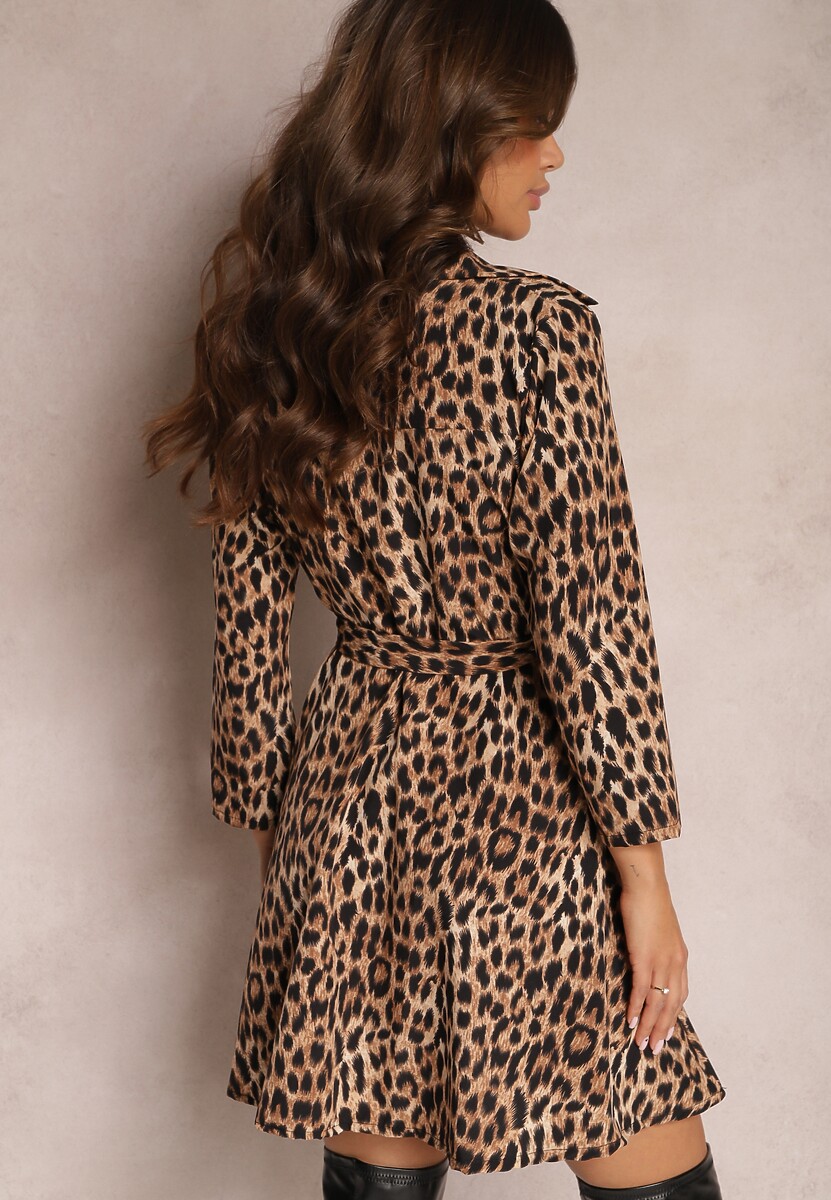 Brązowa Sukienka Mini w Zwierzęcy Wzór z Trójkątnym Dekoltem i Wiązaniem w Talii Vidan