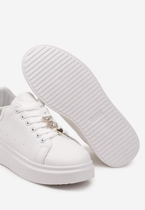 Biało-Srebrne Płaskie Sneakersy za Kostkę ze Sznurowaniami Ozdobione Aplikacjami i Cyrkoniami Quenalia