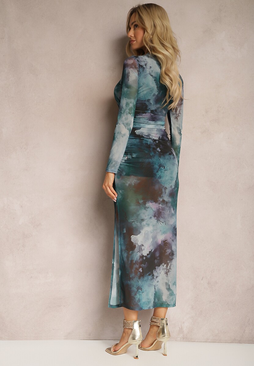 Zielona Siateczkowa Sukienka Bodycon w Marmurkowy Wzór z Rozcięciem na Dole Valerimes