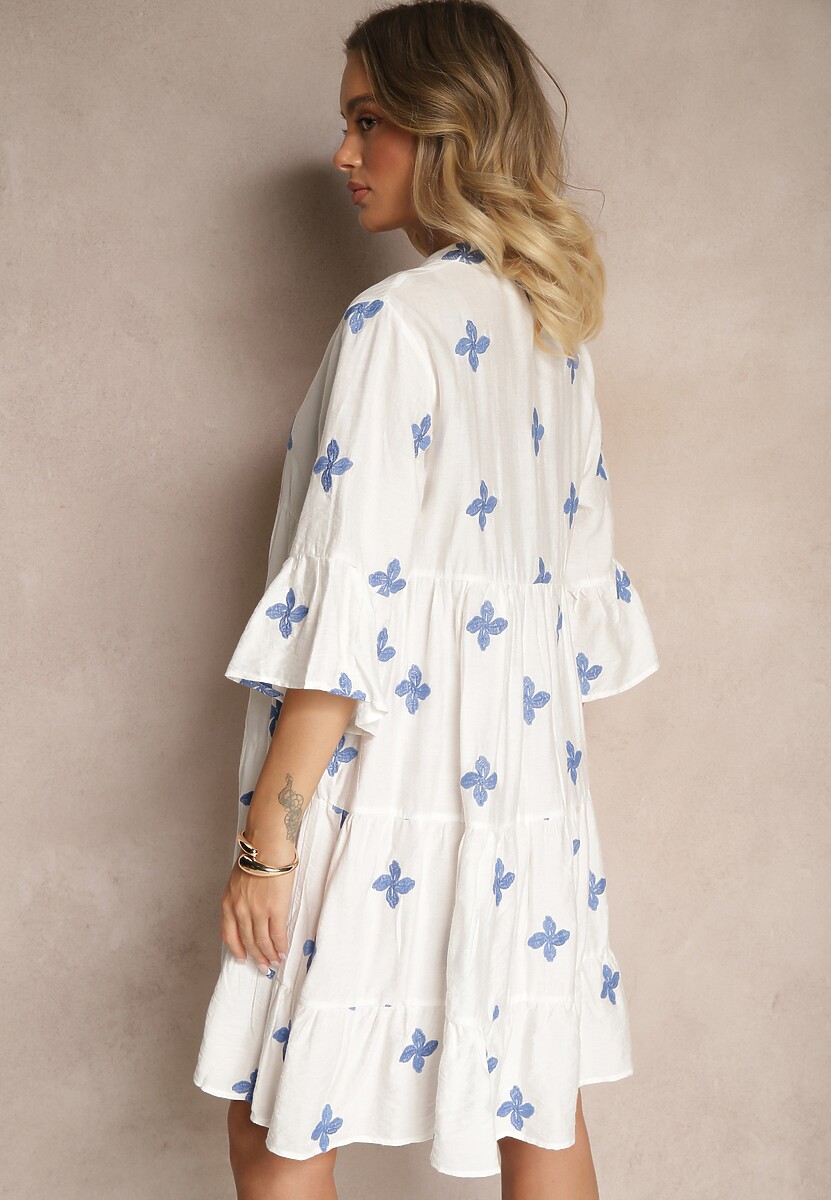 Biała Rozkloszowana Sukienka z Wiskozą Zdobiona Haftem Aravella