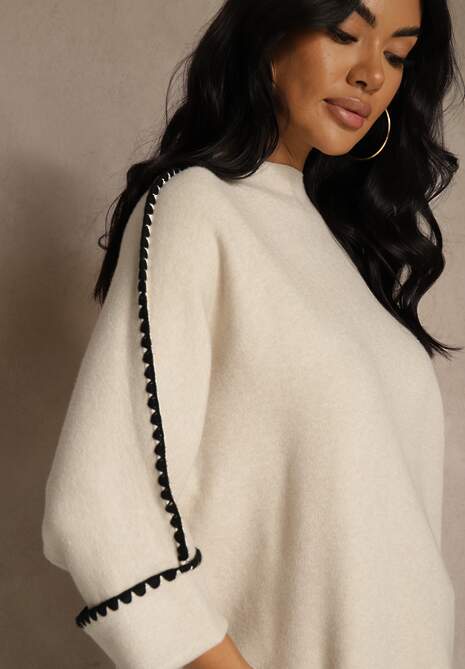 Beżowy Sweter Ozdobiony Lamówką na Rękawach Tusenna