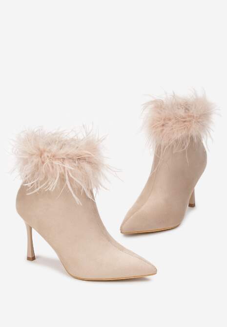 Ciemnobeżowe Botki na Szpilce z Ozdobnymi Piórami Odgaral