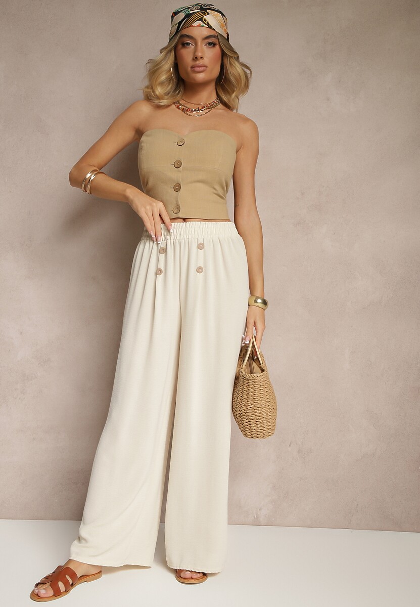 Jasnobeżowe Spodnie z Bawełną o Szerokim Kroju High Waist Ozdobione Guzikami Morritia