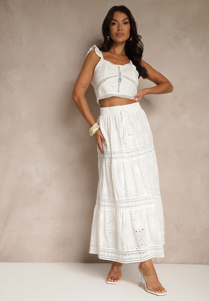 Biała Haftowana Bawełniana Spódnica Ozdobiona Chwostami Eleamelia
