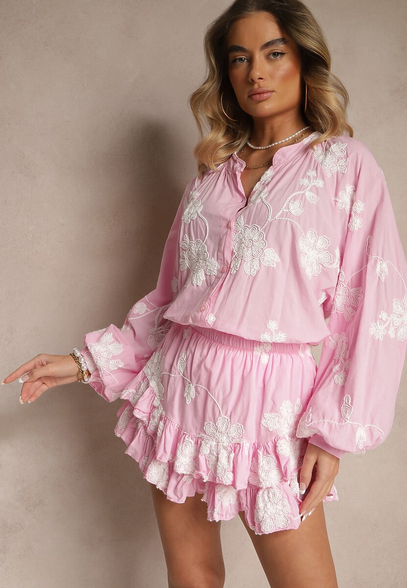 Różowy Komplet z Bawełny  Spódnico-Spodenki i Koszula z Szerokimi Rękawami Savalene