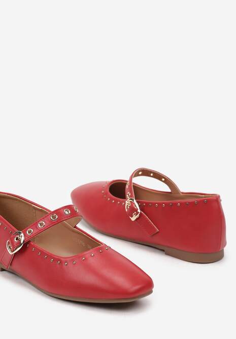 Czerwone Balerinki na Płaskiej Podeszwie Mary Jane z Ćwiekami Bialonna