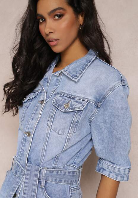 Niebieska Sukienka Koszulowa z Jeansu z Paskiem i Guzikami Avaleen