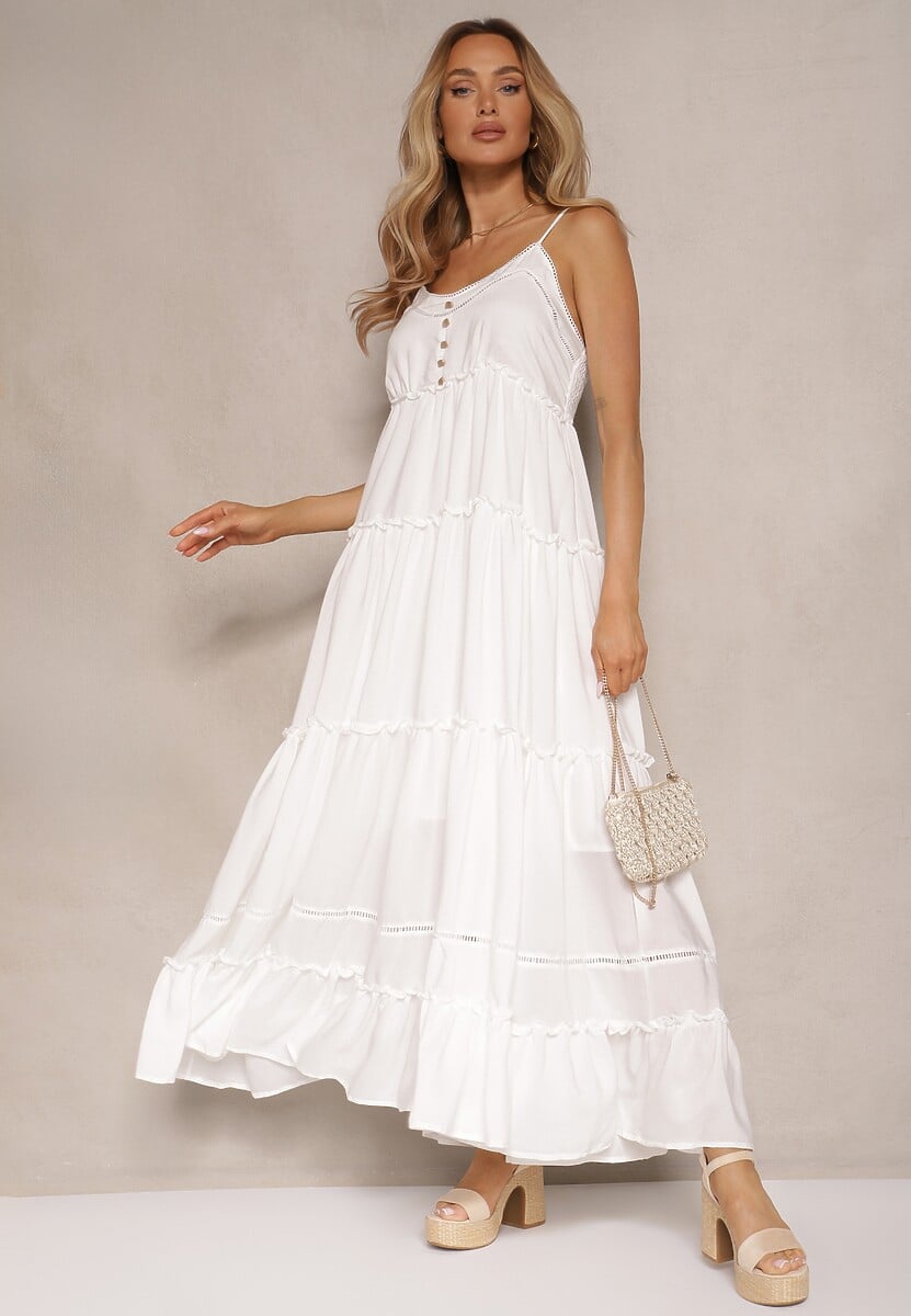 Biała Rozkloszowana Sukienka na Cienkich Ramiączkach z Wiskozy i Bawełny Mimilia