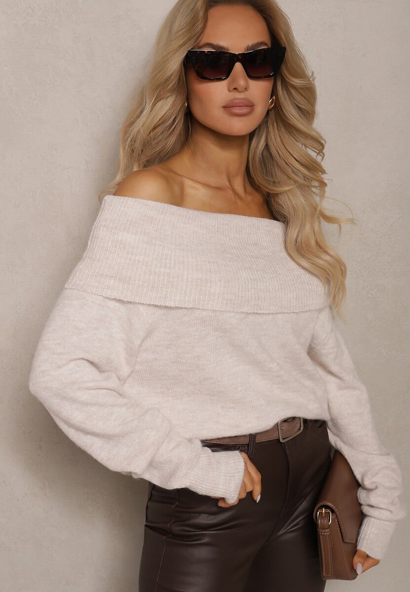 Beżowy Sweter z Wiskozą i Wełną Ozdobiony Wywiniętym Dekoltem Ravarienne