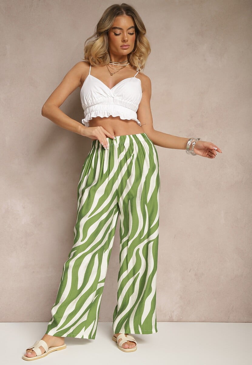 Biało-Granatowe Spodnie o Szerokim Kroju High Waist Ozdobione Paskami Lisamelia