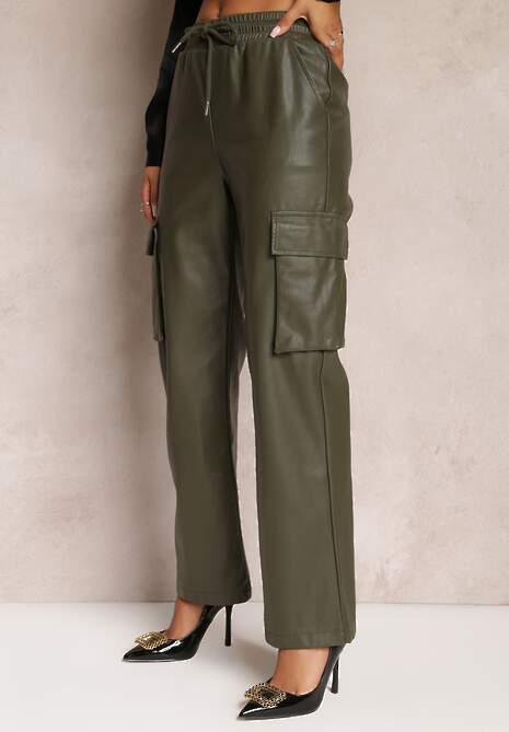 Ciemnozielone Szerokie Spodnie w Stylu Cargo z Kieszeniami na Klapy Mixana
