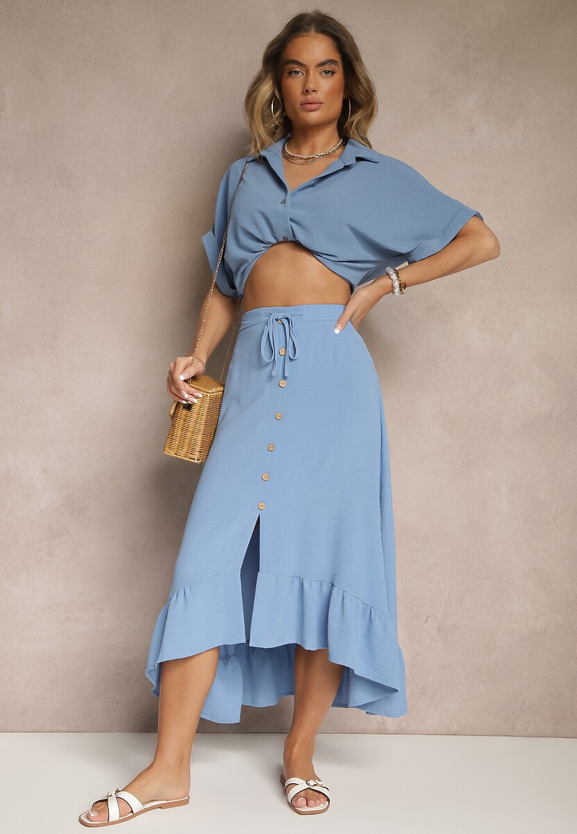 Niebieska Spódnica z Przedłużonym Tyłem Zdobiona Falbanami i Guzikami Maleira