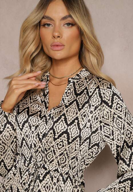 Czarno-Biała Casualowa Sukienka ze Sznurkiem w Pasie i Falbanką Carmarie