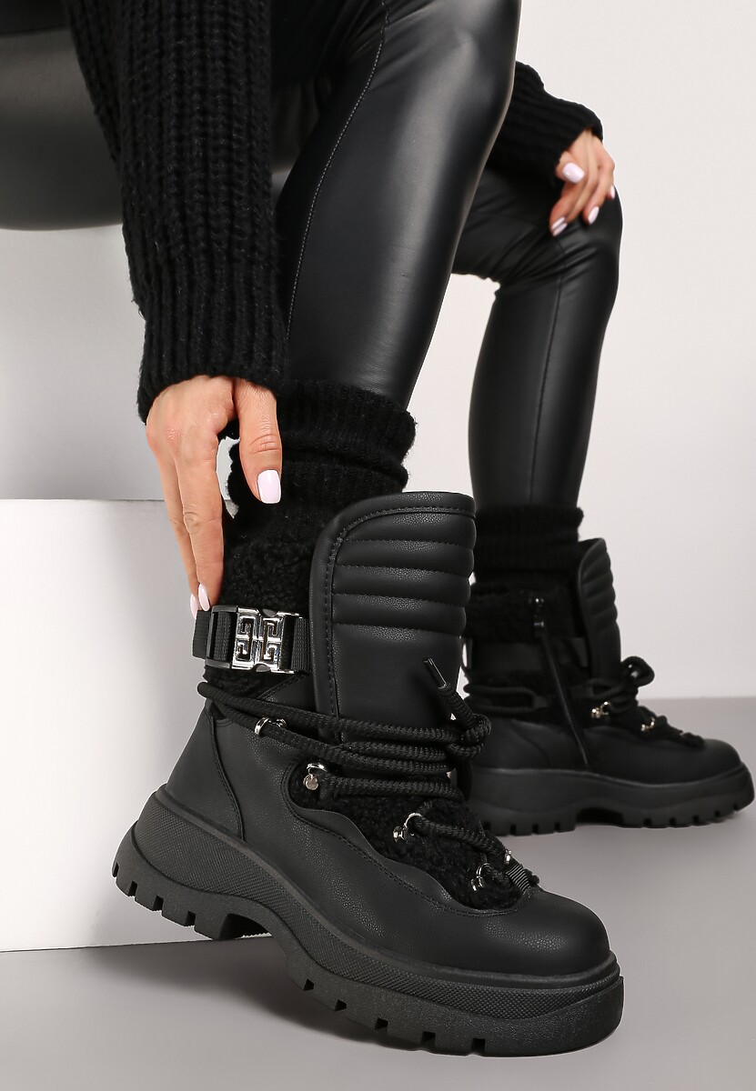 Czarne Śniegowce z Futrzaną Cholewką z Klamrą Zdobione Grubym Sznurowaniem Reanwenna