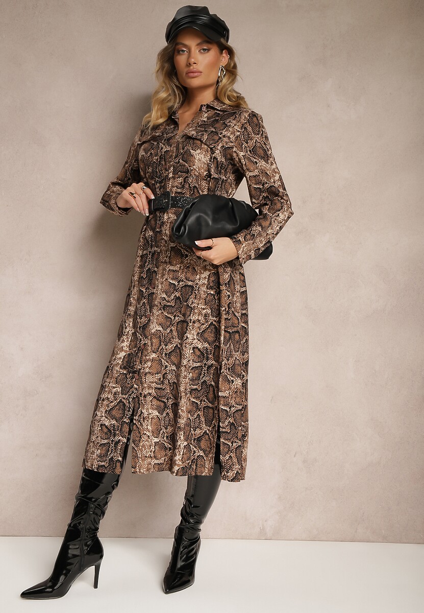 Brązowa Sukienka z Wiskozy o Koszulowym Kroju z Paskiem Zdobiona Wężowym Printem Norinna