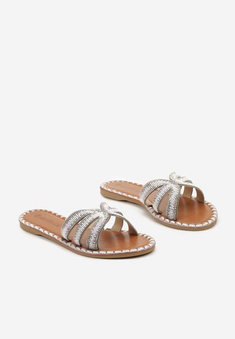 Srebrne Klapki na Płaskiej Podeszwie ze Zdobieniami Vornia