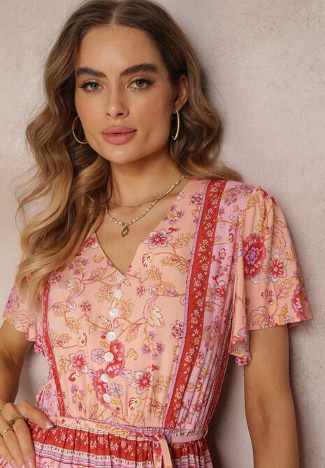 Różowa Kwiecista Sukienka Midi z Gumką w Pasie i Falbanką przy Rękawach Hachitane