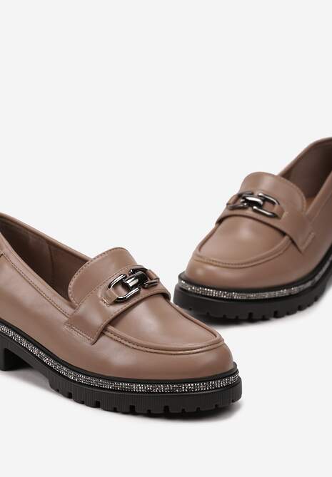 Ciemnobeżowe Mokasyny z Ozdobnym Paskiem z Cyrkonii na Grubej Podeszwie i z Klamrą Elimeti