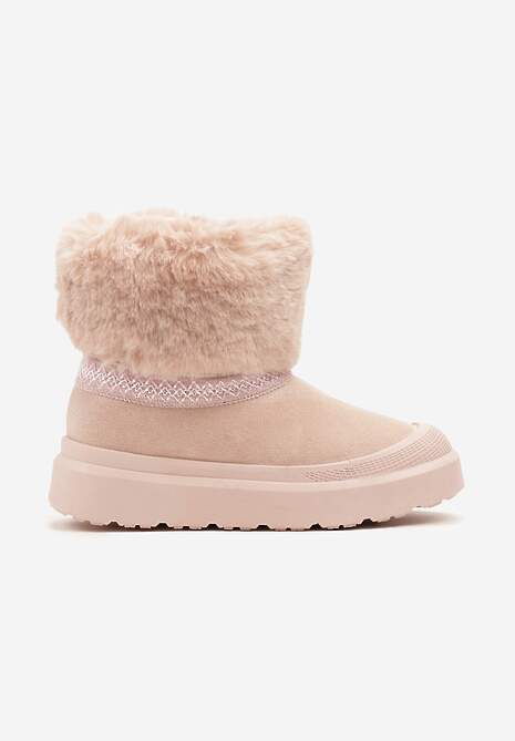 Różowe Śniegowce na Płaskiej Podeszwie Ozdobione Futerkiem i Haftem Lannetea